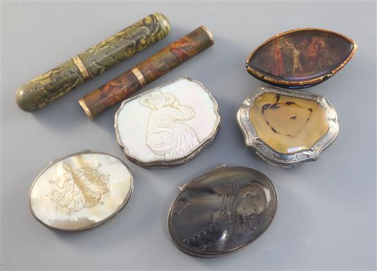 Seven horn, mother of pearl and lacquer objects of vertu, 18th - 20th century, largest 5 1/8in.